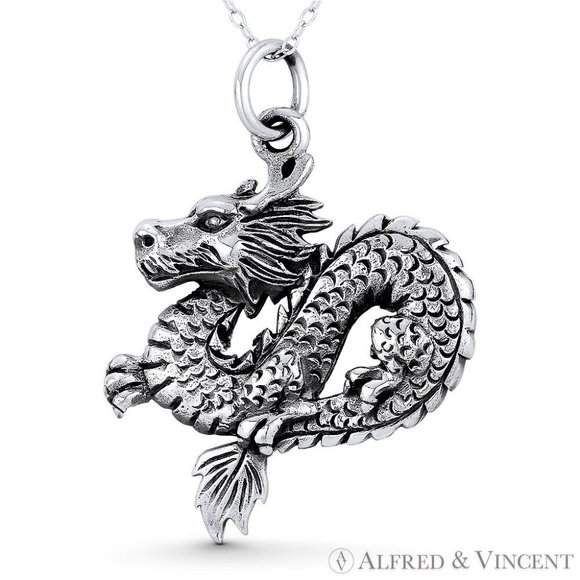 Chinese Dragon Shenlong Feng Shui Charm Pendant in Oxidized .925 Sterling Silver - Picture 1 of 1